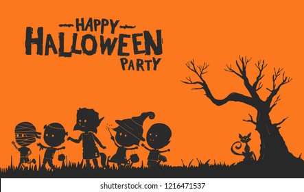 Happy halloween party with kids wearing monster costume isolated on orange background. Vector design for invitation card, greeting card, poster and banner halloween celebration event