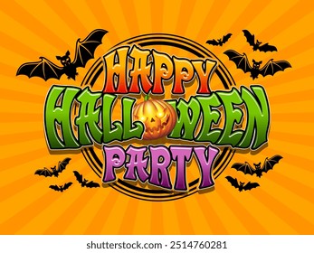 Happy halloween party lettering on orange background with bats