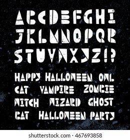 Happy Halloween Party lino cut vector elements on grunge textured background. Latin hand-lettered isolated alphabet. Characters: Owl, Cat, Vampire, Zombie, Witch, Wizard, Ghost, Bat.