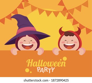 happy halloween party with little devil and witch vector illustration design
