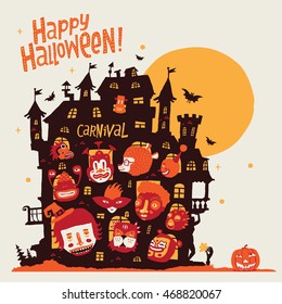 Happy Halloween! Halloween party in old castle and the characters in carnival costumes. Invitation postcard, poster, ornament or background for Halloween party invitation.