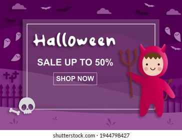 Happy Halloween party on sale in paper art style with child wearing a red devil costume. greeting card, posters and wallpaper. Vector illustration.