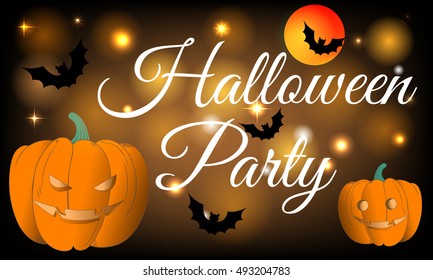 Happy Halloween Party, Orange Poster with Stars, Two Pumpkins Sinister and Good, Black Bats Art