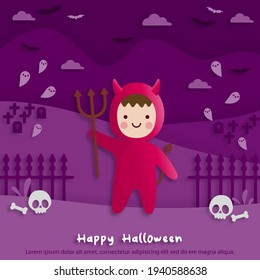 Happy Halloween party in paper art style with child wearing a red devil costume. greeting card, posters and wallpaper. Vector illustration.