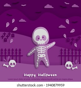 Happy Halloween party in paper art style with child wearing a skeleton ghost costume. greeting card, posters and wallpaper. Vector illustration.