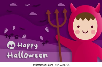 Happy Halloween party in paper art style with child wearing a red devil costume. greeting card, posters and wallpaper. Vector illustration.