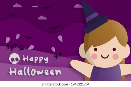 Happy Halloween party in paper art style with child wearing a witch costume. greeting card, posters and wallpaper. Vector illustration.
