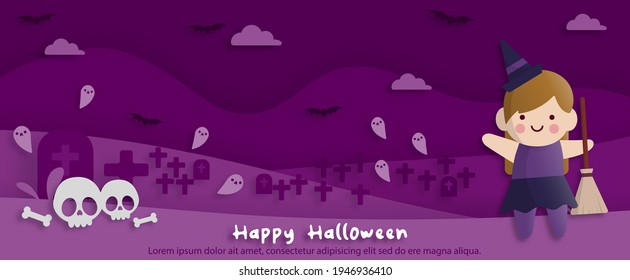 Happy Halloween party in paper art style with child wearing a witch costume. greeting card, posters and wallpaper. Vector illustration.