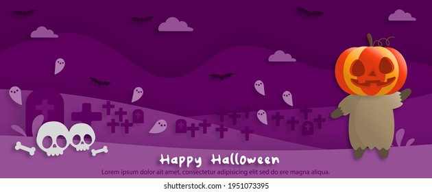 Happy Halloween party in paper art style with child wearing a pumpkin costume. greeting card, posters and wallpaper. Vector illustration.