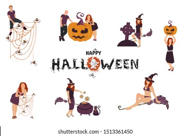 Happy Halloween party people set. Pumpkin with scary face, girl in witch hat and broomstick, giant spider web net with many smile spiders. Color vector illustration for party banner, poster, flyer