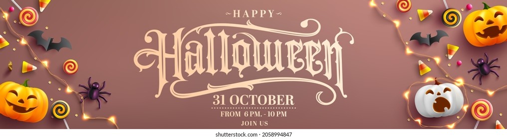 Happy Halloween party Poster or banner with Ghost Pumpkin,bat,candy and Halloween Elements.Website spooky,Background or banner halloween template.Vector illustration eps 10