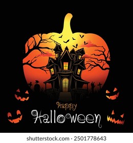 Happy Halloween party poster or banner vector template. Abandoned house, crow, Halloween, pumpkin ghost, cemetery with graves, zombie hand, Halloween vector illustration.