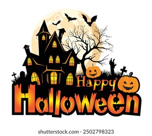 Happy Halloween party poster or banner vector template. full moon Halloween pumpkin ghost. Abandoned house. Bats. Cemetery with graves. Zombie hands. Halloween Vector illustration.