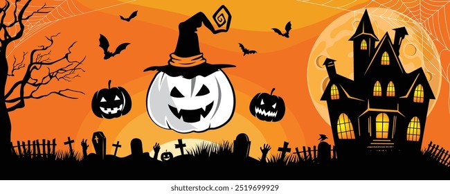 Cartaz feliz da festa de Halloween ou modelo de vetor de banner. Fantasma de Halloween, lua cheia. Casa abandonada. Morcegos. Cemitério com sepulturas. Mãos de zumbi. Ilustração do vetor de Halloween.