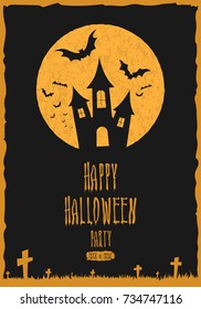 Happy halloween party poster, banner or greeting card. Halloween night background with old castle full moon, bats and graveyard. Vector illustration.