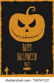 Happy halloween party poster, banner or greeting card. Halloween night background with scary pumpkins and graveyard. Vector illustration.