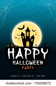 Happy halloween party poster, banner or greeting card. Halloween night background with full moon, spider, web, graveyard and dark blue sky. Vector illustration.