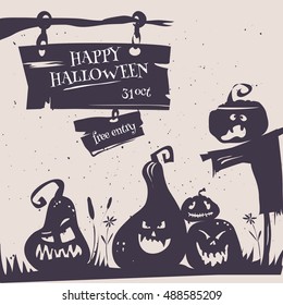 Happy Halloween party poster card. Vector illustration flyer of happy Halloween party with cartoon pumpkins silhouette and moon in retro stile. Halloween logos emblems and labels on white background