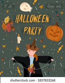 Happy Halloween. Halloween party poster in cartoon style. Bright festive vector emerald poster with girl in costume of witch, pumpkin, candy, candle, stars, scull and composition of leaves and acorns.