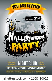 Happy Halloween Party Poster with Castle on Full Moon Background and Halloween Pumpkins. Vector illustration