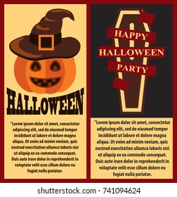 Happy Halloween party poster collection with text sample and images of pumpkin with hat and coffin with ribbon and title vector illustration