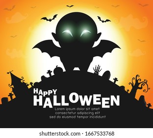 Happy halloween party poster, Cute Little Dracula Vampire silhouette under the moon,  halloween banner, halloween trick or Treating background, Template for advertising brochure Vector Illustration.