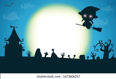 Happy halloween party poster, Cute Little witch silhouette under the moon, halloween banner, halloween trick or Treating background, Template for advertising brochure Vector Illustration.