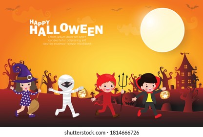 Happy halloween party poster, Cute Little group kids dressed in Halloween fancy dress to go Trick or Treating, paper art banner background, Template for advertising poster brochure Vector Illustration