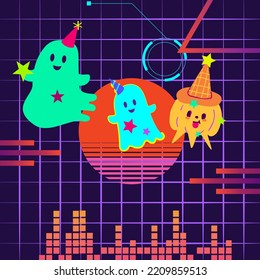 Happy Halloween party poster with cute pumpkin ghost and friends.  Futuristic concept vector. Halloween Party Templates and web design for banners, posters, greeting cards, party invitations, light 