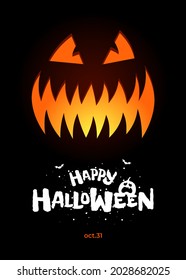 Happy Halloween party poster design template. Jack O Lantern pumpkin on black background and hand drawn inscription. Traditional October 31 holiday greeting card. Vector eps banner