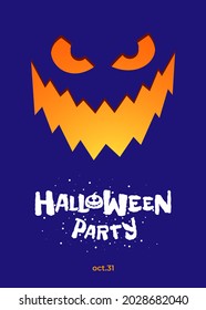 Happy Halloween party poster design template. Jack O Lantern pumpkin on blue background and hand drawn inscription. Traditional October 31 holiday greeting card. Vector eps banner