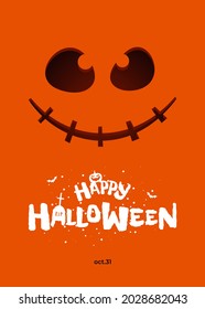 Happy Halloween party poster design template. Jack O Lantern pumpkin on orange background and hand drawn inscription with bat. Traditional October 31 holiday greeting card. Vector eps banner