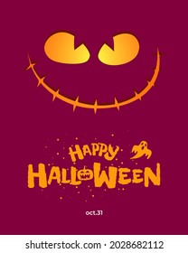 Happy Halloween party poster design template. Jack O Lantern pumpkin on burgundy color background and hand drawn inscription with ghost. Traditional October 31 holiday greeting card. Vector eps banner