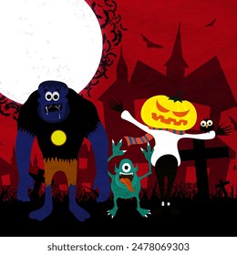 Happy Halloween Party poster design with scary zombie, monsters on horrible night background.