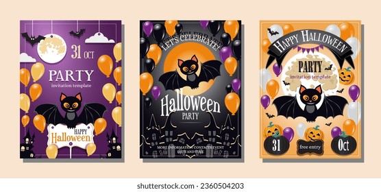 Happy Halloween party poster or flyer set. Drawing placards with bat, pumpkin, full moon and balloons. Invitation cover template. October 31 holiday evening promotional artwork. Vector illustration 