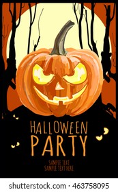 Happy Halloween party poster, flyer, banner. Horror night style card. With pumpkin, moon and other halloween elements. Vector illustration