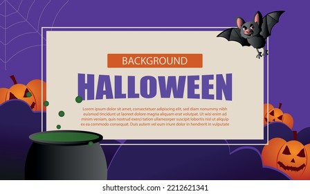 Happy Halloween party poster. Frame, night clouds, pumpkin in paper cut style. Vector illustration. Witch cauldron, spider web, flying ghost bat. Place for text. Brochure layout template background.