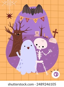 Happy Halloween party poster with ghost and skeleton, alive tree and cemetery with crosses, bat mouse and spider. Vector illustration of nightmare, Halloween holiday background