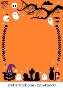 Happy Halloween party - poster with graveyard and pumpkin in dark style. Full moon, hunted house, spider web and flying bat.