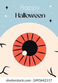 Happy Halloween party poster or greeting card for social media. Greeting card with eyeball on blue background. Brochure Halloween minimal theme poster letter banner, Halloween invitation card