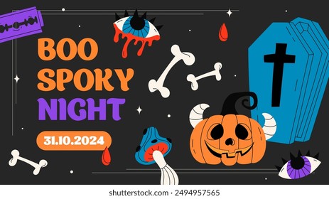 Happy Halloween party poster or greeting card. Cute autumn backgrounds with pumpkins, eye, mushroom, coffin. Colorful vector templates for social media post, flyer, postcard design