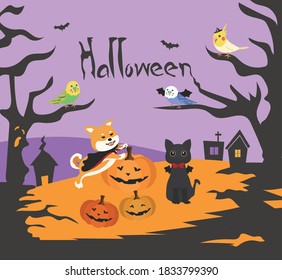 Happy Halloween party poster. Group of animals in Halloween cosplay.