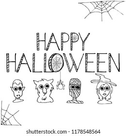 Happy Halloween Party Poster. Hand drawn funny characters. Vector illustration.