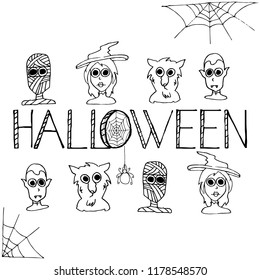 Happy Halloween Party Poster. Hand drawn funny characters. Vector illustration.