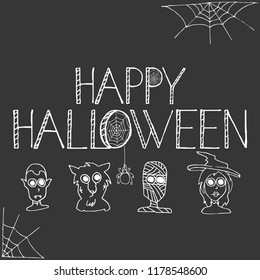Happy Halloween Party Poster. Hand drawn funny characters. Vector illustration.