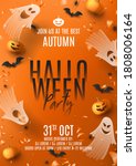 Happy Halloween party poster. Holiday promo banner with spooky flying ghosts, black spiders and bats, scary pumpkins, serpentine and confetti on orange background. Invitation to nightclub.
