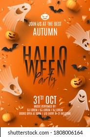 Happy Halloween party poster. Holiday promo banner with spooky flying ghosts, black spiders and bats, scary pumpkins, serpentine and confetti on orange background. Invitation to nightclub.