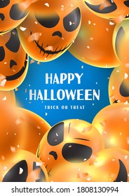 Happy Halloween party poster. Holiday promo banner with scary balloons and orange confetti on blue background. Invitation to nightclub.