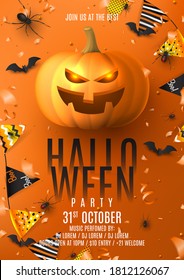 Happy Halloween party poster. Holiday promo banner with black spiders and bats, scary pumpkin, colorful garlands, serpentine and confetti on orange background. Invitation to nightclub.