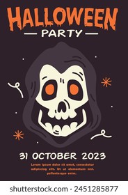 Happy Halloween party poster. Holiday promo banner with spooky flying ghosts, black spiders and bats, scary pumpkins, serpentine and confetti on orange background. Invitation to nightclub.